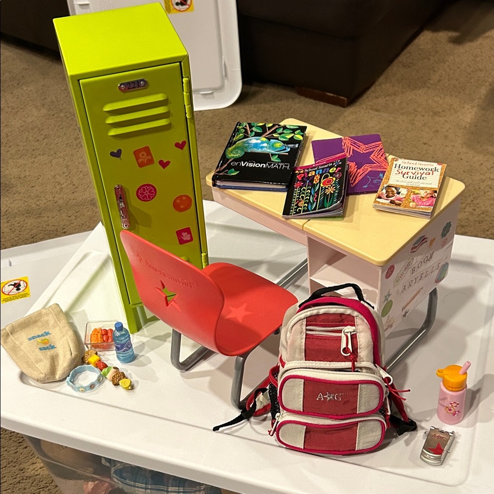 American Girl School Set with Green Locker and Red desk book bag lunch books